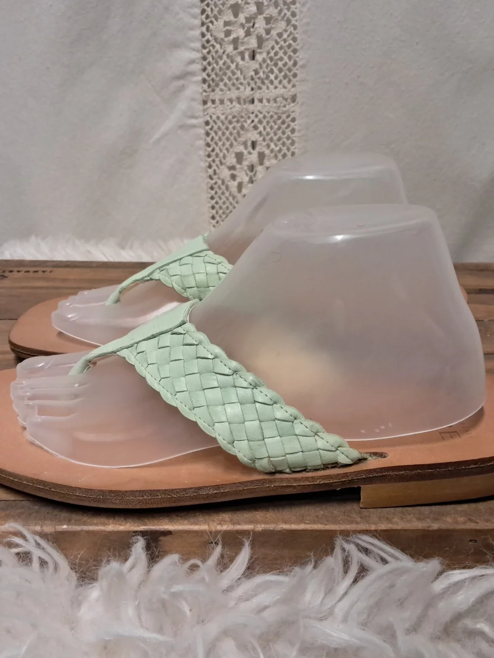 Rickard Shah Braided Leather Flip-Flop Sandals in Mint Size 9